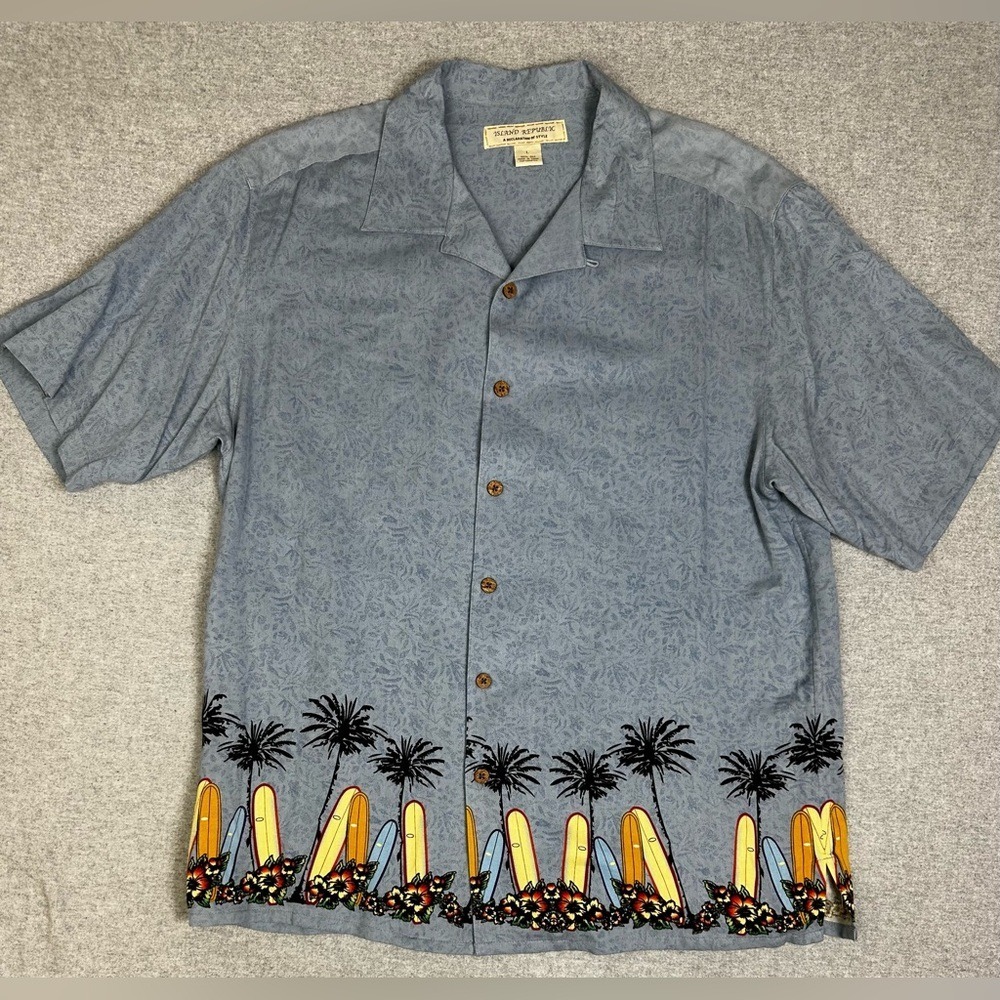 Silk Hawaiian Shirt Mens L Blue Silk Island Republic Palm Tree Surfboard Floral